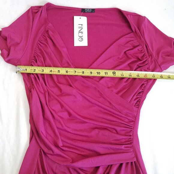 Wrap Look Cross Front Fuchsia Pink Dress MEDIUM Stretch Short Sleeve Ruching - Picture 5 of 10